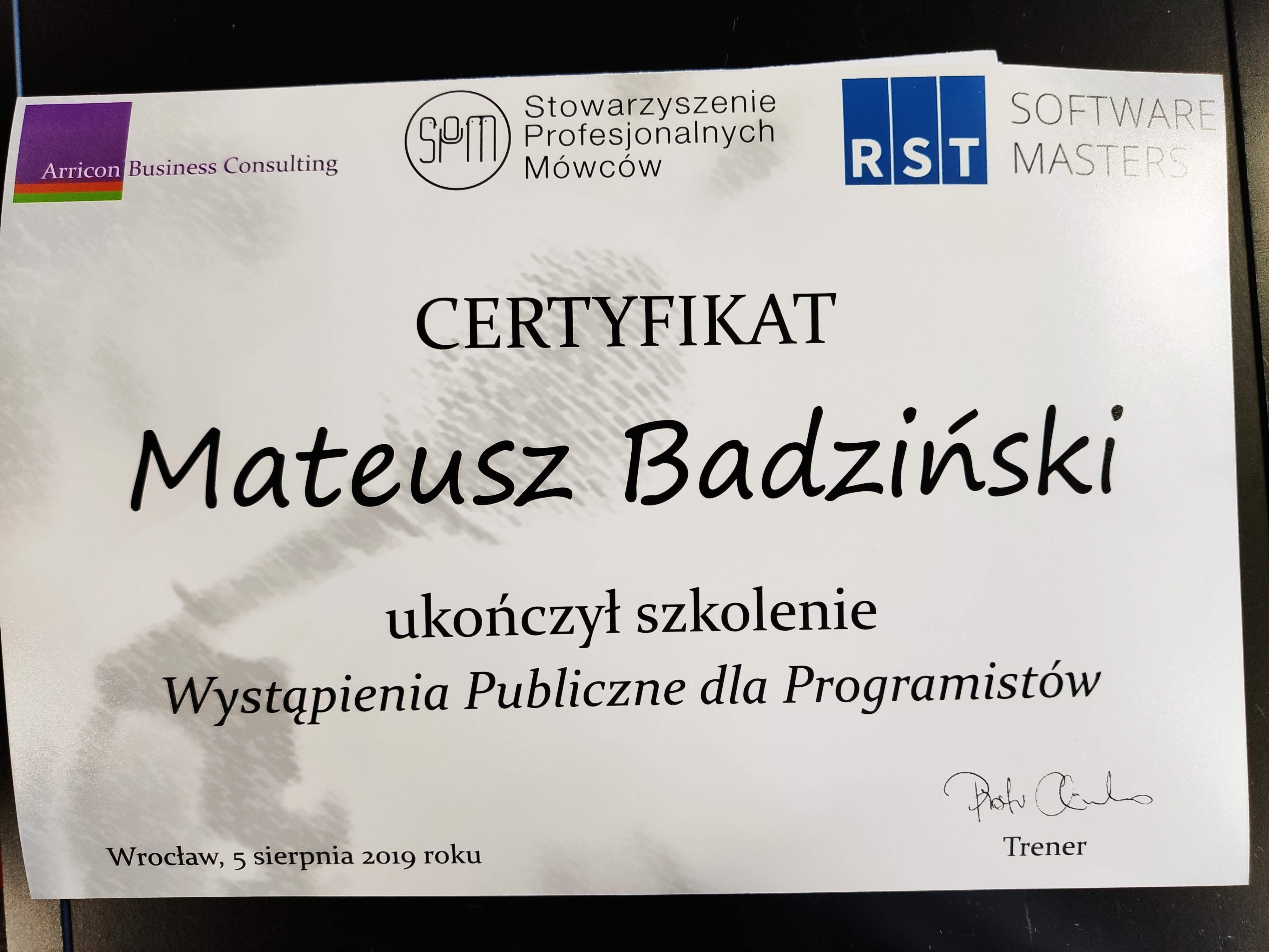 Certyfikat Wystąpienia Publiczne — Mateusz Badziński